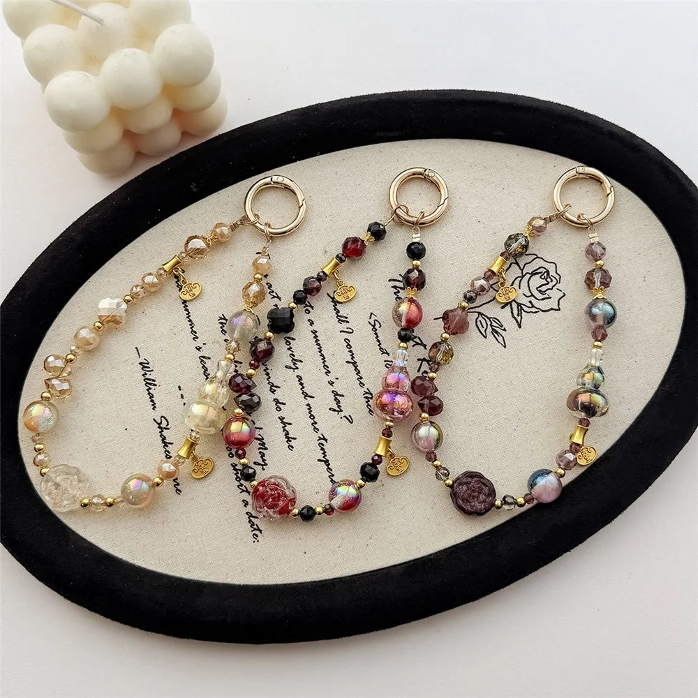 A1161 30cm Gourd Beaded Phone Lanyard Crystal Metal Clasp Phone Charm Wrist Strap with Removable Blank White Card Mobile Phone Accessories - Transparent White - 6