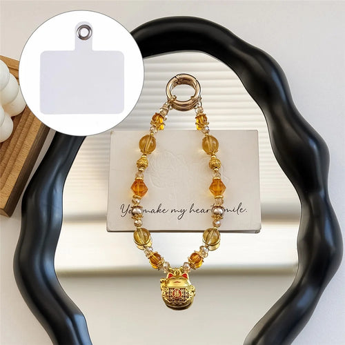 A1162 30cm Phone Charm Wrist Strap Lucky Cat Beaded Keychain Crystal Glass Metal Beads Lanyard with Removable Blank White Card - Gold - 1