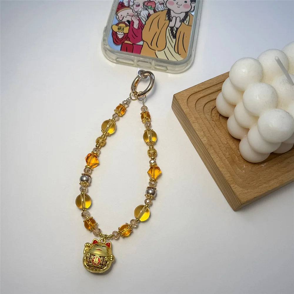A1162 30cm Phone Charm Wrist Strap Lucky Cat Beaded Keychain Crystal Glass Metal Beads Lanyard with Removable Blank White Card - Gold - 3