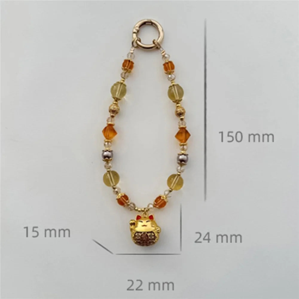A1162 30cm Phone Charm Wrist Strap Lucky Cat Beaded Keychain Crystal Glass Metal Beads Lanyard with Removable Blank White Card - Gold - 6