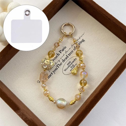 A1166 30cm Crystal Beaded Phone Strap Fortune Metal Pendant Lucky Cat Charm Keychain Phone Lanyard with Removable Blank White Card - Gold - 1