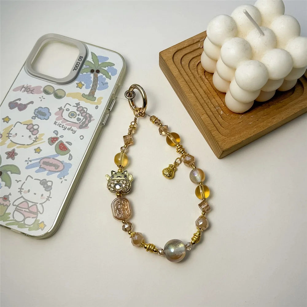 A1166 30cm Crystal Beaded Phone Strap Fortune Metal Pendant Lucky Cat Charm Keychain Phone Lanyard with Removable Blank White Card - Gold - 2