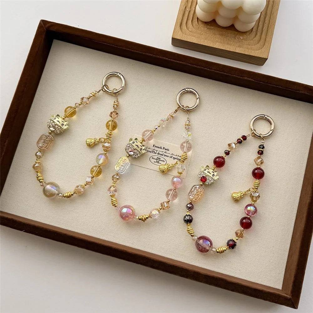 A1166 30cm Crystal Beaded Phone Strap Fortune Metal Pendant Lucky Cat Charm Keychain Phone Lanyard with Removable Blank White Card - Gold - 3