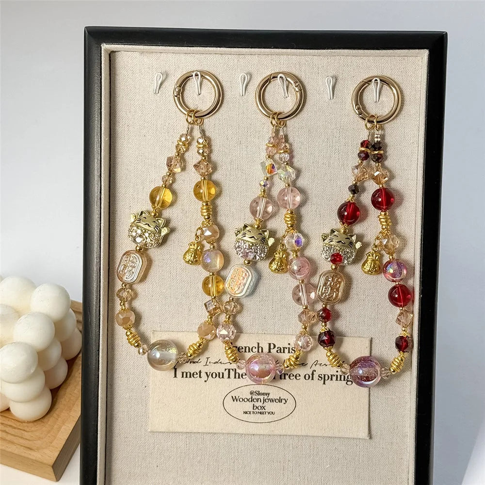A1166 30cm Crystal Beaded Phone Strap Fortune Metal Pendant Lucky Cat Charm Keychain Phone Lanyard with Removable Blank White Card - Gold - 4