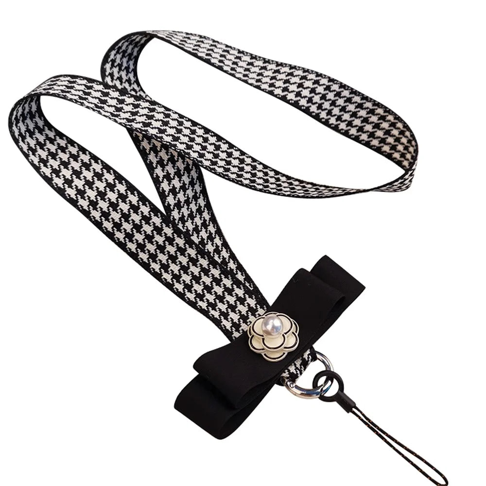 Pearl Decor Lanyard Phone Carrying Strap Wrist Key Chain Holder Universal for Mobile Phone Case, Work ID Card Case - Grid Pattern - 1