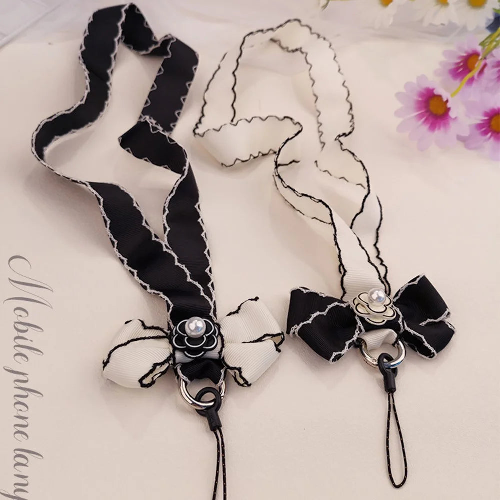Pearl Decor Lanyard Phone Carrying Strap Wrist Key Chain Holder Universal for Mobile Phone Case, Work ID Card Case - Grid Pattern - 3