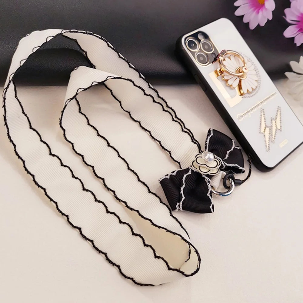 Pearl Decor Lanyard Phone Carrying Strap Wrist Key Chain Holder Universal for Mobile Phone Case, Work ID Card Case - Grid Pattern - 4