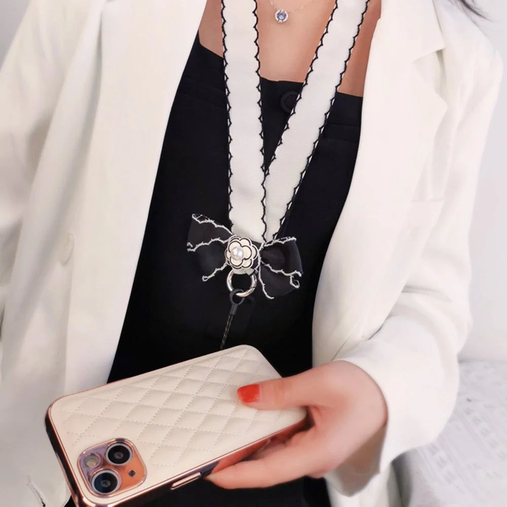 Pearl Decor Lanyard Phone Carrying Strap Wrist Key Chain Holder Universal for Mobile Phone Case, Work ID Card Case - Grid Pattern - 5