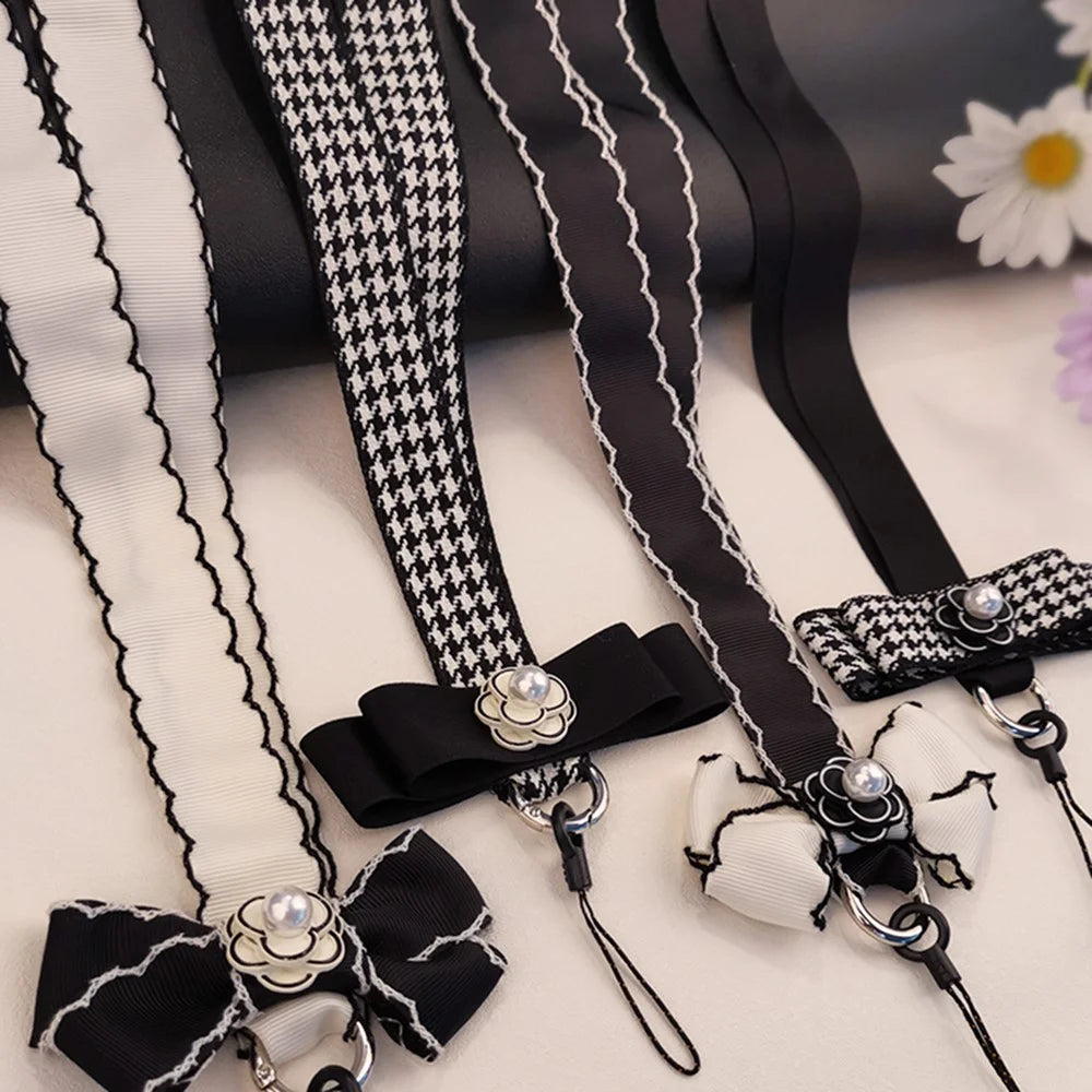 Pearl Decor Lanyard Phone Carrying Strap Wrist Key Chain Holder Universal for Mobile Phone Case, Work ID Card Case - Grid Pattern - 7