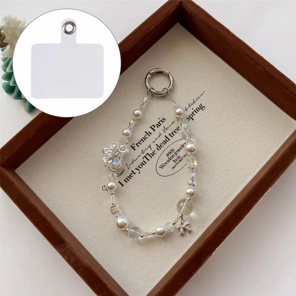 A1167 30cm Phone Charm Strap Zircon Bell Pearl Crystal Beaded Keychain Wrist Phone Lanyard with Removable Blank White Card - White - 1