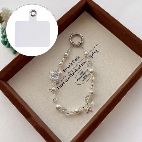 A1167 30cm Phone Charm Strap Zircon Bell Pearl Crystal Beaded Keychain Wrist Phone Lanyard with Removable Blank White Card - White - 1