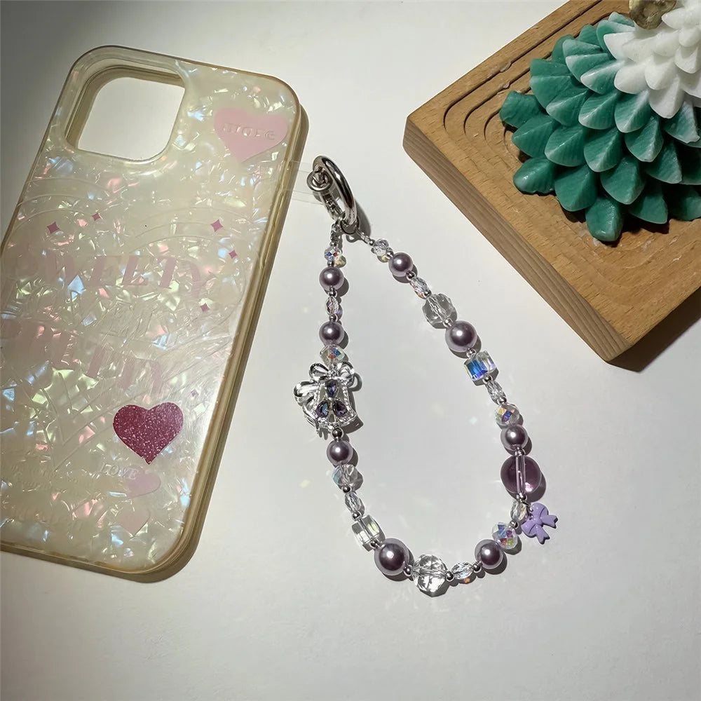 A1167 30cm Phone Charm Strap Zircon Bell Pearl Crystal Beaded Keychain Wrist Phone Lanyard with Removable Blank White Card - White - 3