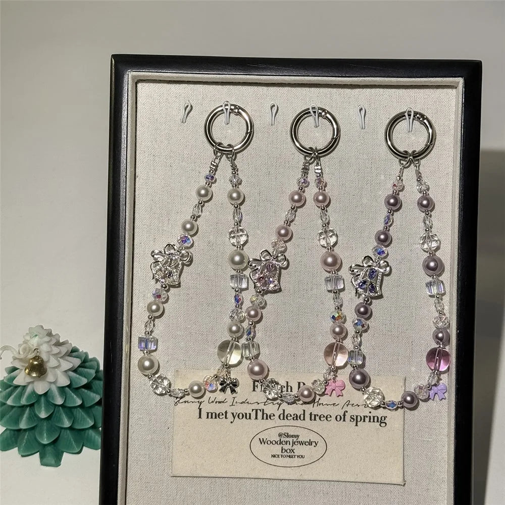 A1167 30cm Phone Charm Strap Zircon Bell Pearl Crystal Beaded Keychain Wrist Phone Lanyard with Removable Blank White Card - White - 6