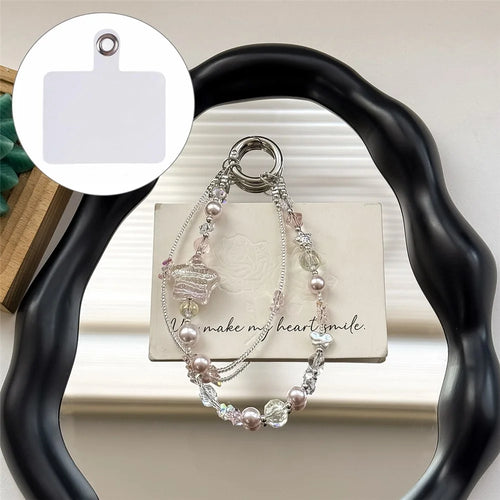 A1168 30cm Phone Strap Star-Shaped Chain Charm Crystal Pearl Alloy Phone Lanyard with Removable Blank White Card Keychain Accessories - Pink - 1