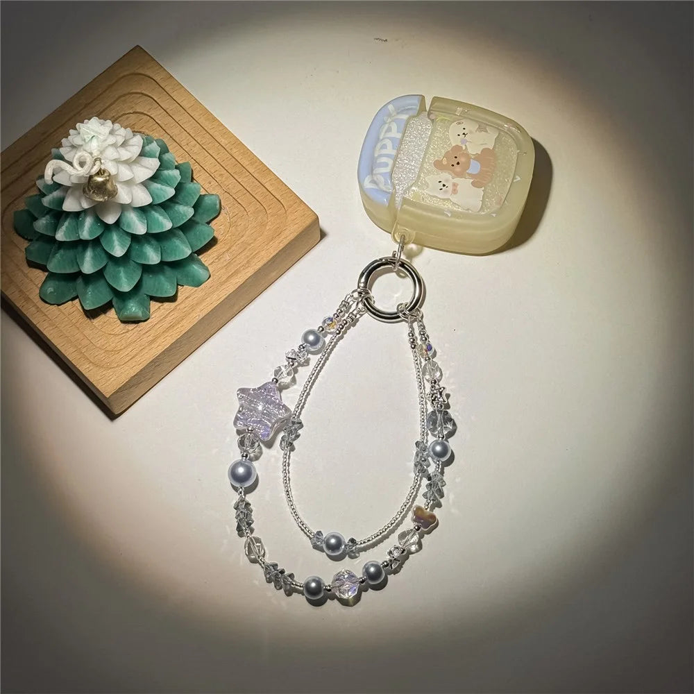 A1168 30cm Phone Strap Star-Shaped Chain Charm Crystal Pearl Alloy Phone Lanyard with Removable Blank White Card Keychain Accessories - Pink - 3