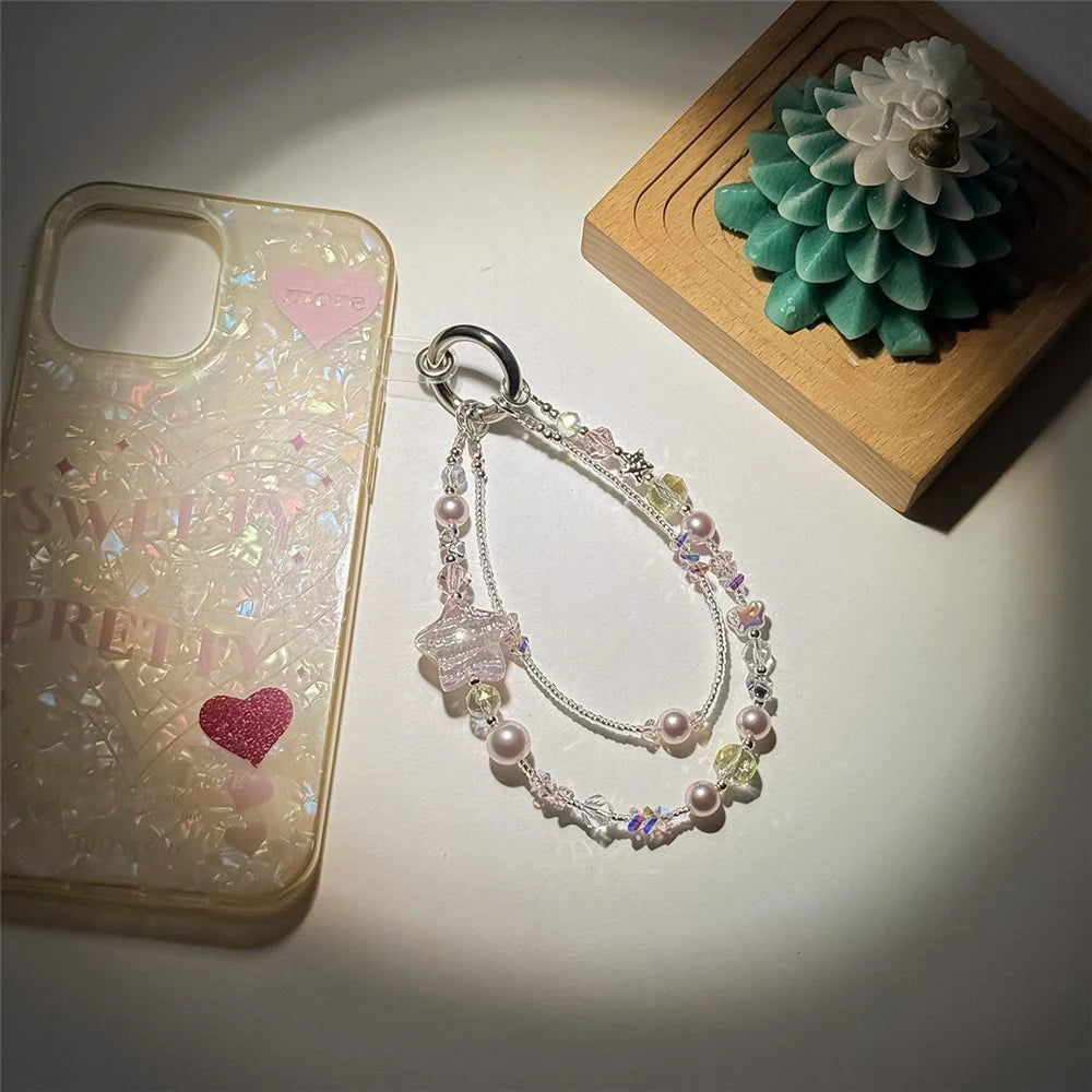 A1168 30cm Phone Strap Star-Shaped Chain Charm Crystal Pearl Alloy Phone Lanyard with Removable Blank White Card Keychain Accessories - Pink - 4