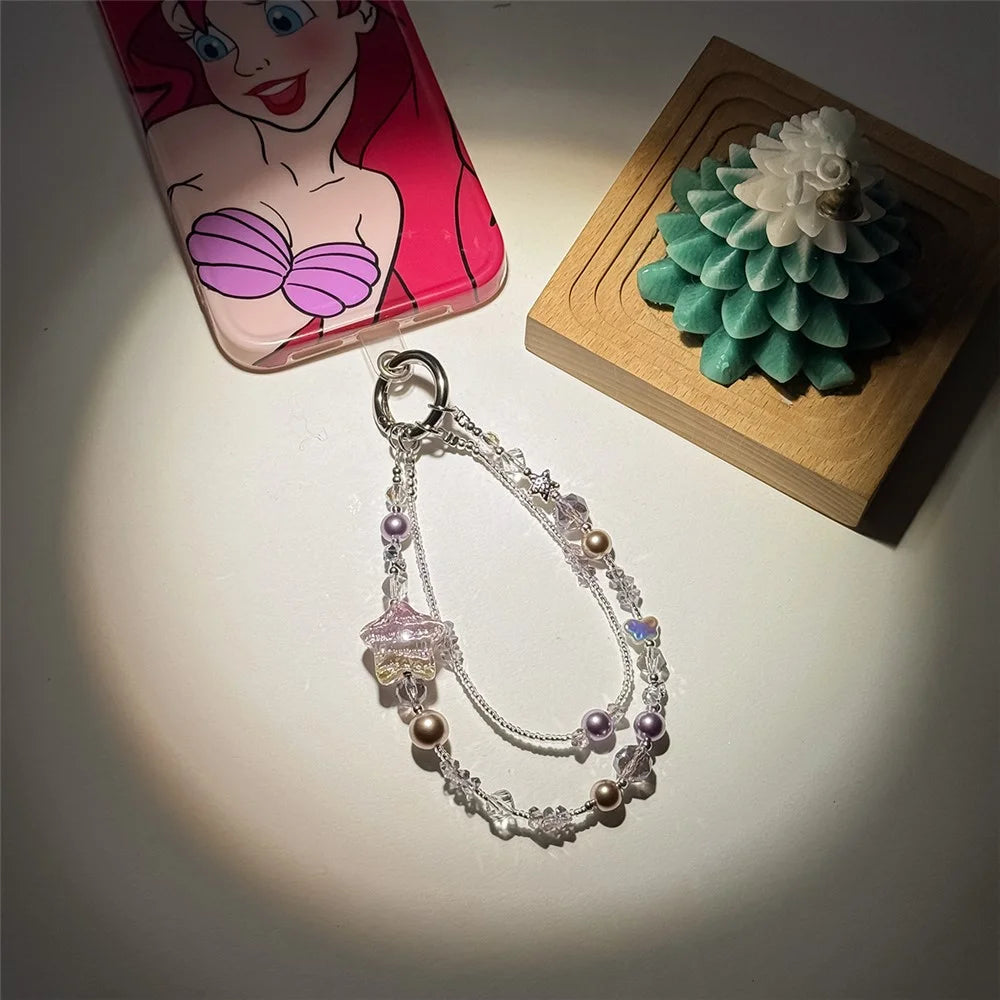 A1168 30cm Phone Strap Star-Shaped Chain Charm Crystal Pearl Alloy Phone Lanyard with Removable Blank White Card Keychain Accessories - Pink - 5