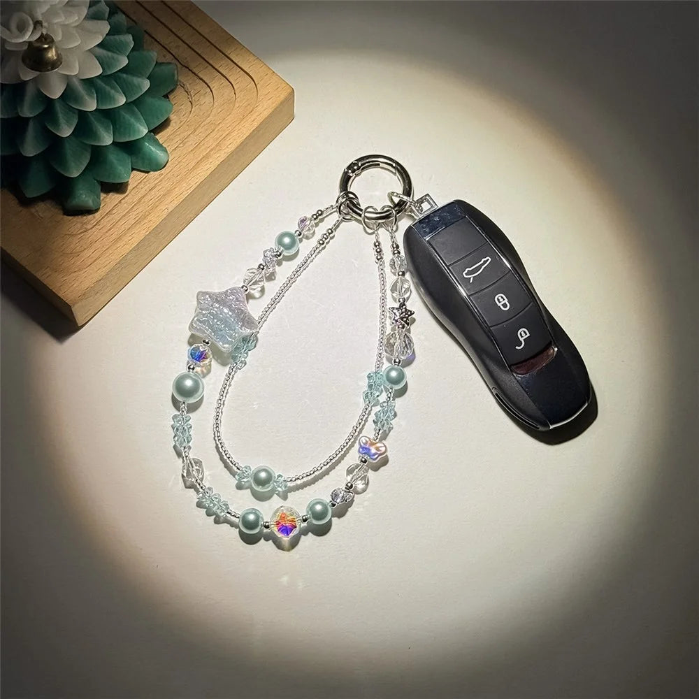 A1168 30cm Phone Strap Star-Shaped Chain Charm Crystal Pearl Alloy Phone Lanyard with Removable Blank White Card Keychain Accessories - Pink - 6
