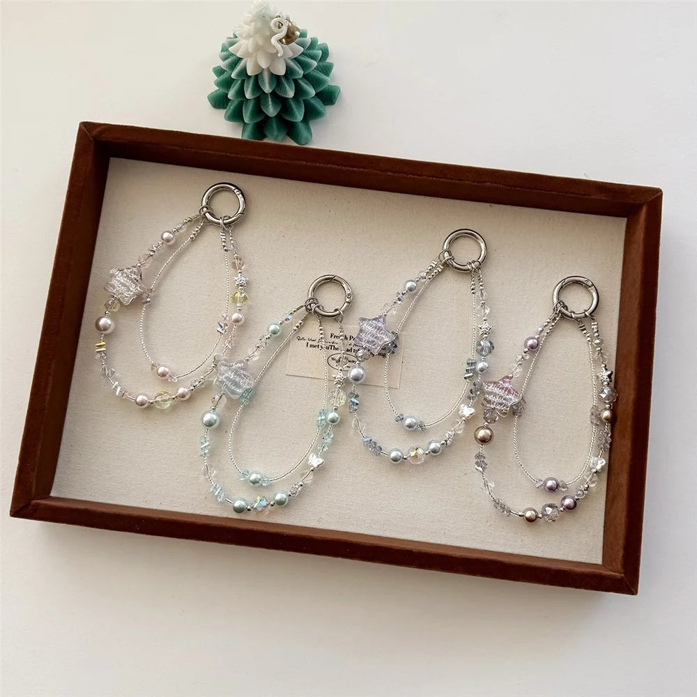 A1168 30cm Phone Strap Star-Shaped Chain Charm Crystal Pearl Alloy Phone Lanyard with Removable Blank White Card Keychain Accessories - Pink - 7