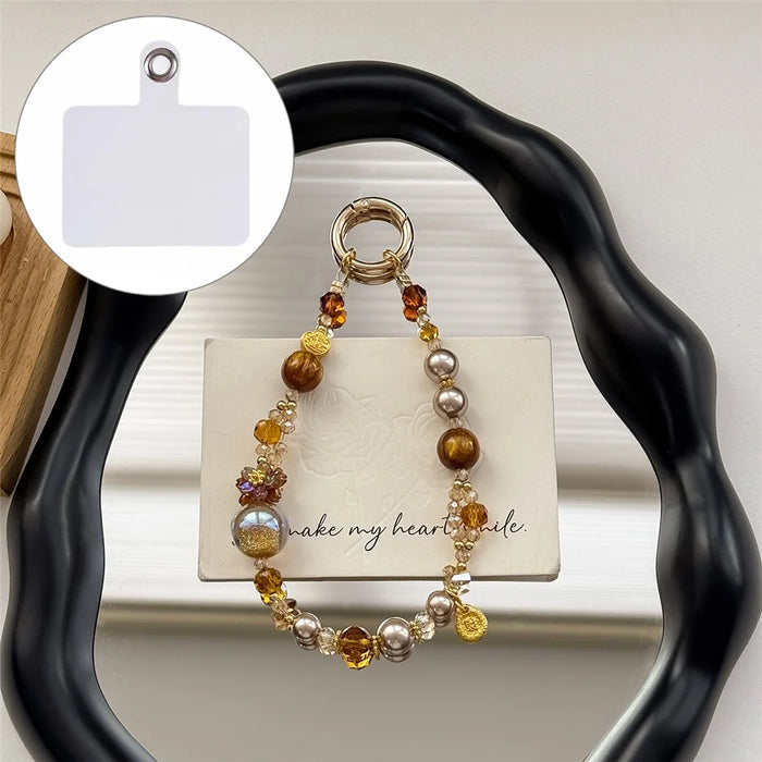 A1171 30cm Phone Strap Crystal Beaded Chain Charm Spring Hook Mobile Phone Lanyard with Removable Blank White Card - Brown - 1