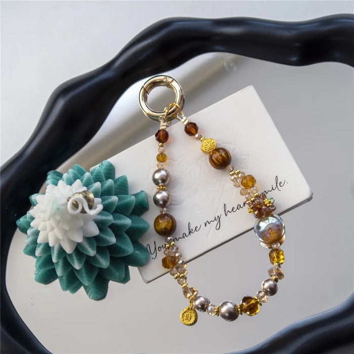 A1171 30cm Phone Strap Crystal Beaded Chain Charm Spring Hook Mobile Phone Lanyard with Removable Blank White Card - Brown - 2