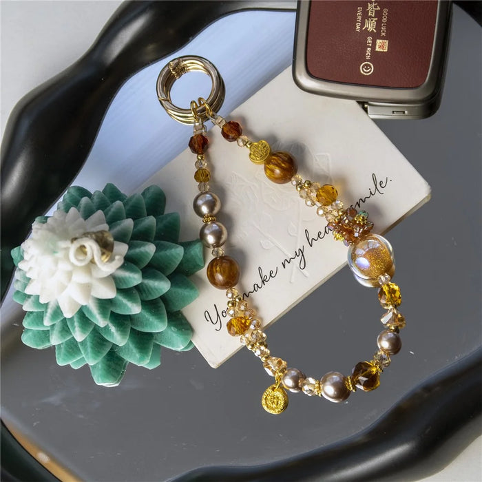 A1171 30cm Phone Strap Crystal Beaded Chain Charm Spring Hook Mobile Phone Lanyard with Removable Blank White Card - Brown - 3