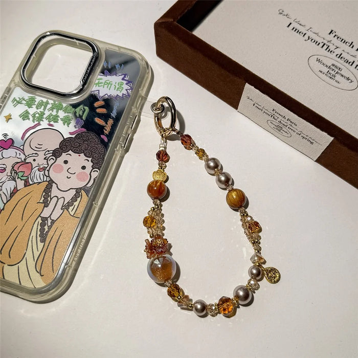 A1171 30cm Phone Strap Crystal Beaded Chain Charm Spring Hook Mobile Phone Lanyard with Removable Blank White Card - Brown - 4