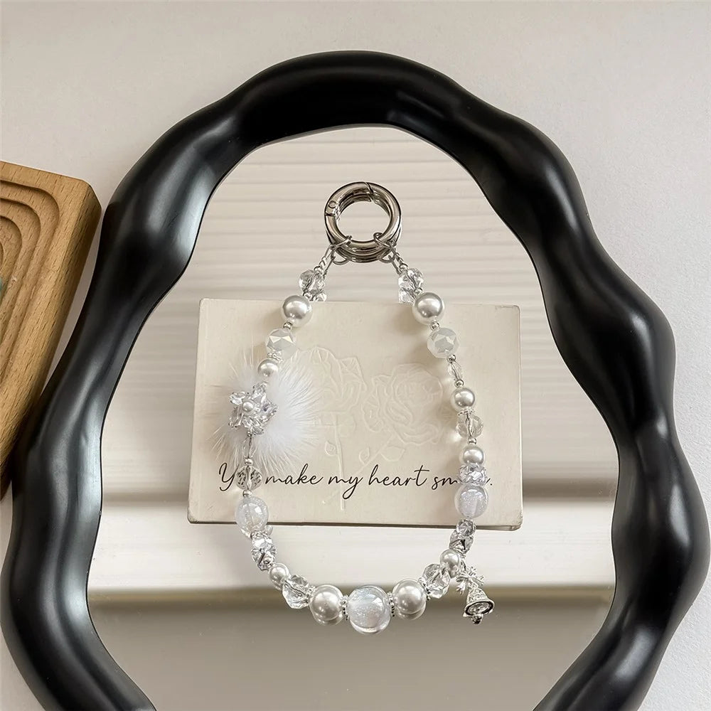 A1172 30cm Phone Strap Mink Fur Five Petal Flower Faux Pearl Crystal Keychain Charm Lanyard with Removable Blank White Card - White - 2