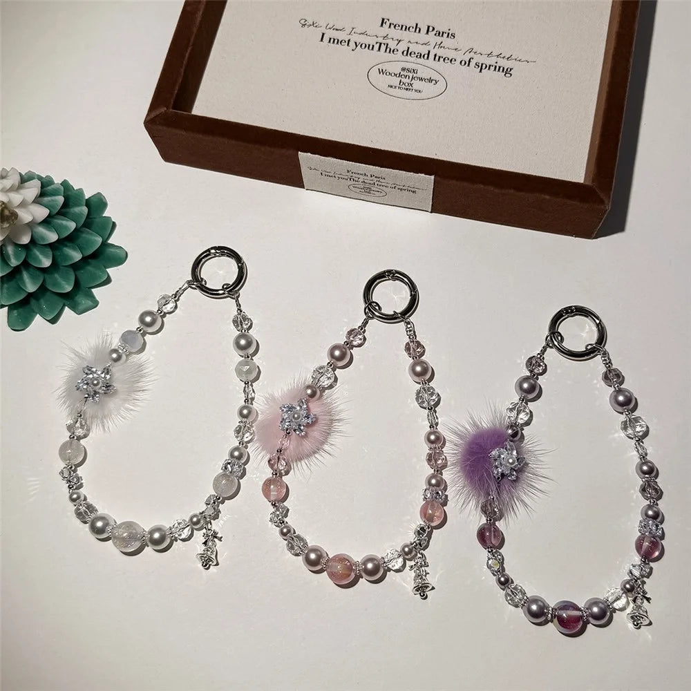 A1172 30cm Phone Strap Mink Fur Five Petal Flower Faux Pearl Crystal Keychain Charm Lanyard with Removable Blank White Card - White - 5