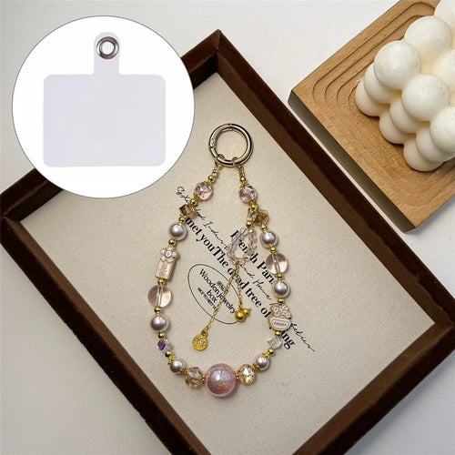 A1177 30cm Phone Strap Crystal Pearl Beaded Lanyard Decorative Metal Hook Phone Charm Chain with Removable Blank White Card - Pink - 1