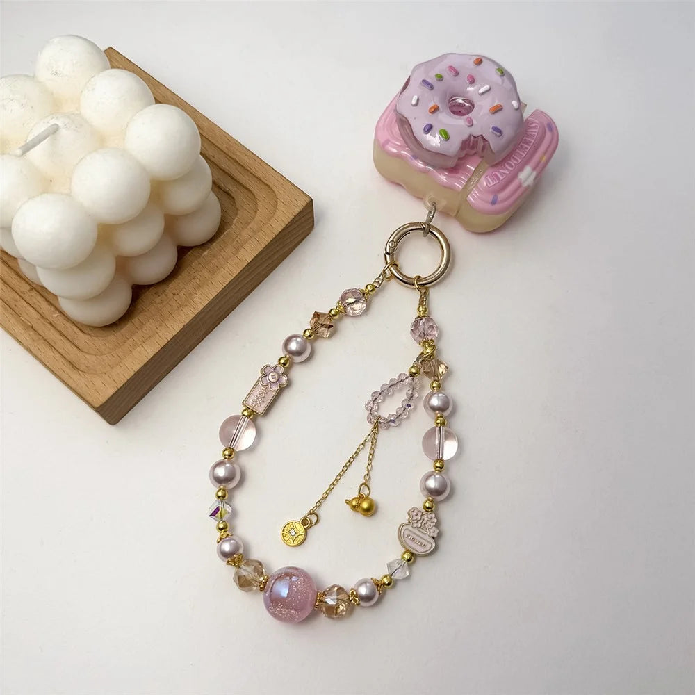 A1177 30cm Phone Strap Crystal Pearl Beaded Lanyard Decorative Metal Hook Phone Charm Chain with Removable Blank White Card - Pink - 2