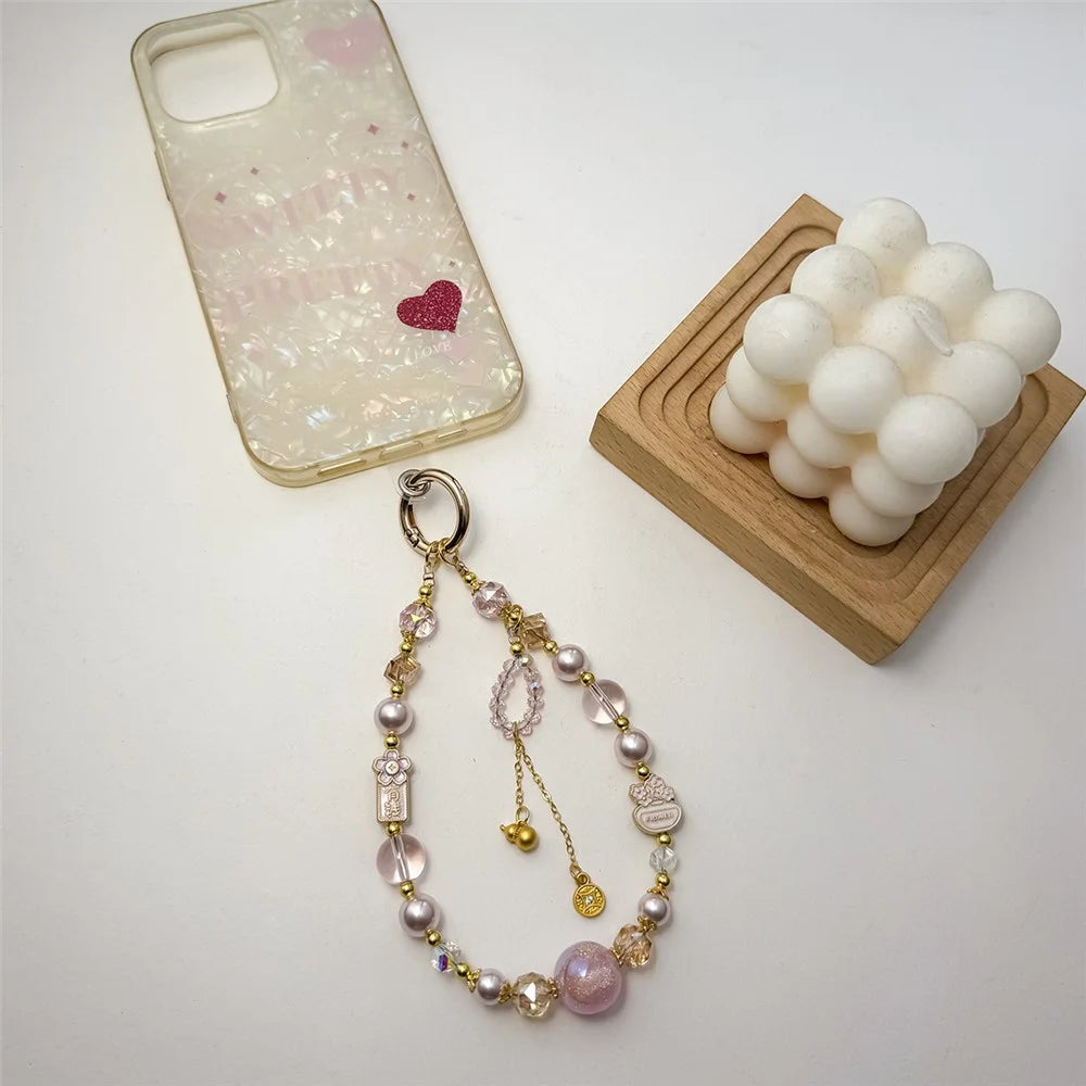 A1177 30cm Phone Strap Crystal Pearl Beaded Lanyard Decorative Metal Hook Phone Charm Chain with Removable Blank White Card - Pink - 3