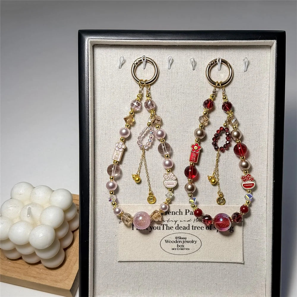 A1177 30cm Phone Strap Crystal Pearl Beaded Lanyard Decorative Metal Hook Phone Charm Chain with Removable Blank White Card - Pink - 4