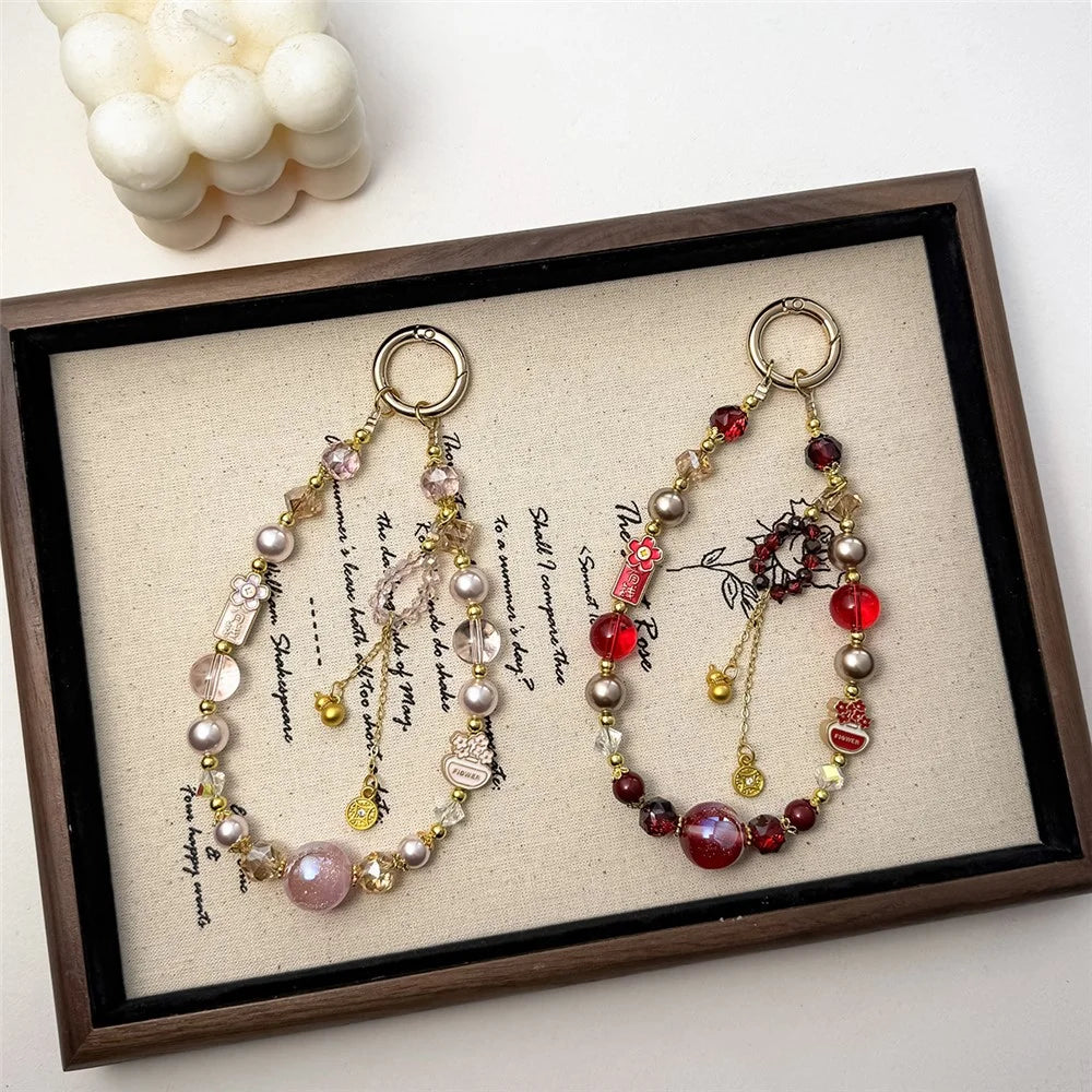 A1177 30cm Phone Strap Crystal Pearl Beaded Lanyard Decorative Metal Hook Phone Charm Chain with Removable Blank White Card - Pink - 5