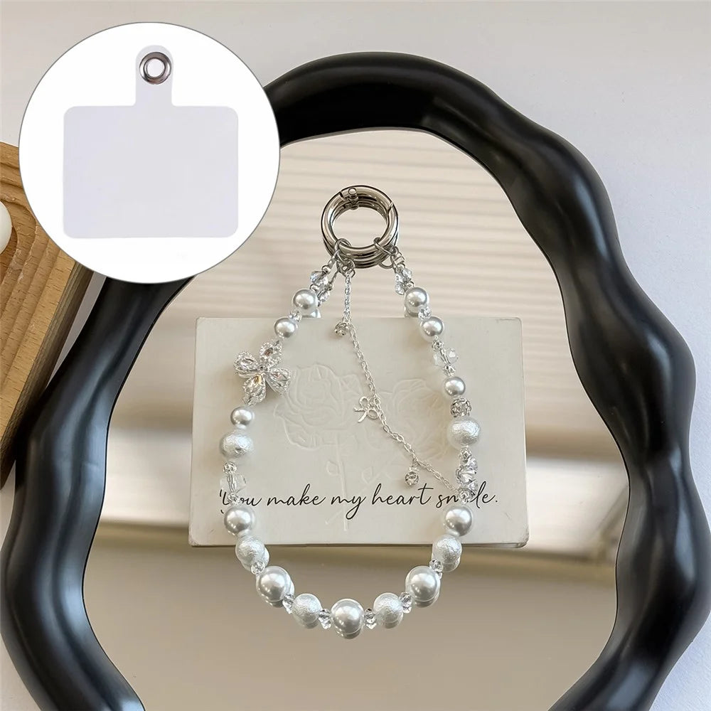 A1182 30cm Phone Lanyard Four Leaf Clover Pearl Beaded Crystal Butterfly Phone Strap Keychain Charm with Removable Blank White Card - White - 1