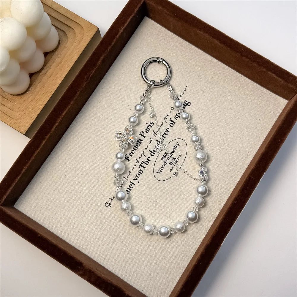 A1182 30cm Phone Lanyard Four Leaf Clover Pearl Beaded Crystal Butterfly Phone Strap Keychain Charm with Removable Blank White Card - White - 2