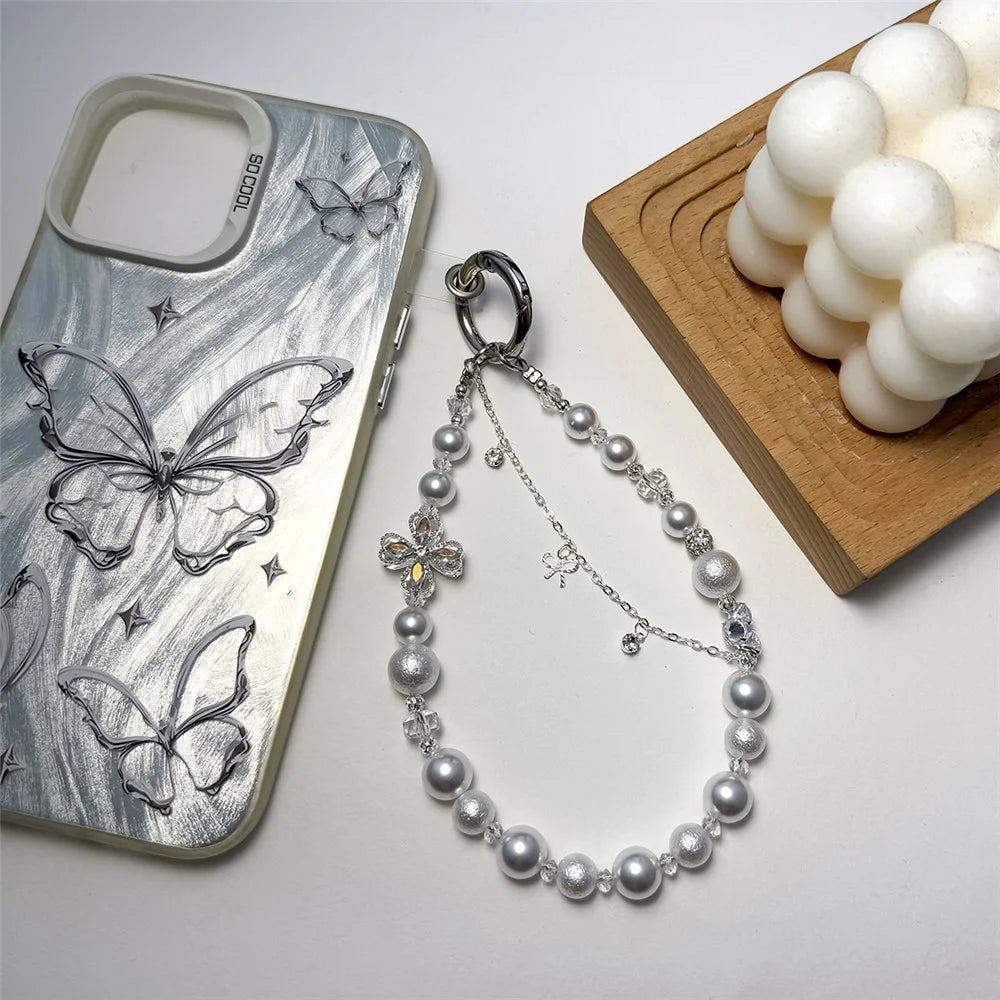 A1182 30cm Phone Lanyard Four Leaf Clover Pearl Beaded Crystal Butterfly Phone Strap Keychain Charm with Removable Blank White Card - White - 4