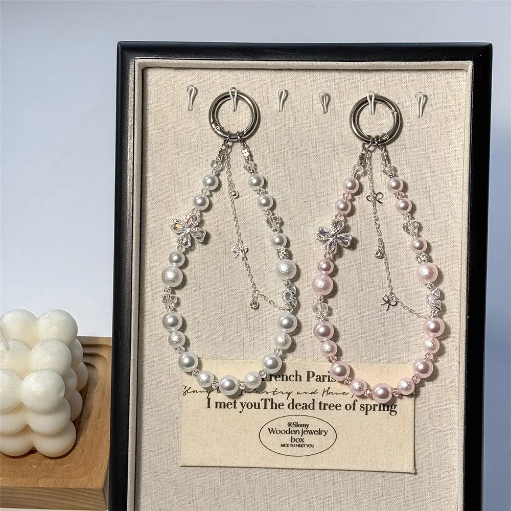A1182 30cm Phone Lanyard Four Leaf Clover Pearl Beaded Crystal Butterfly Phone Strap Keychain Charm with Removable Blank White Card - White - 5