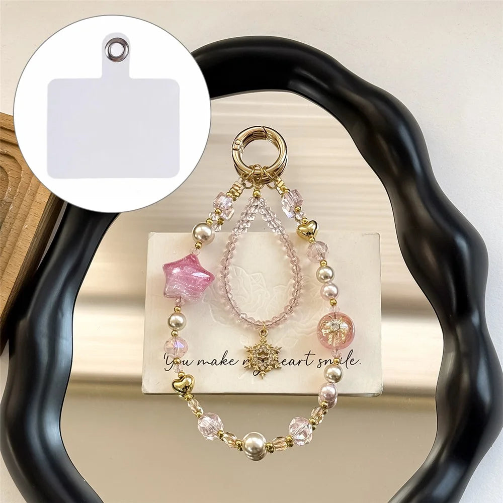 A1184 30cm Phone Strap Snowflake Star Charm Chain Crystal Metal Spring Hook Beaded Phone Lanyard with Removable Blank White Card - Pink - 1