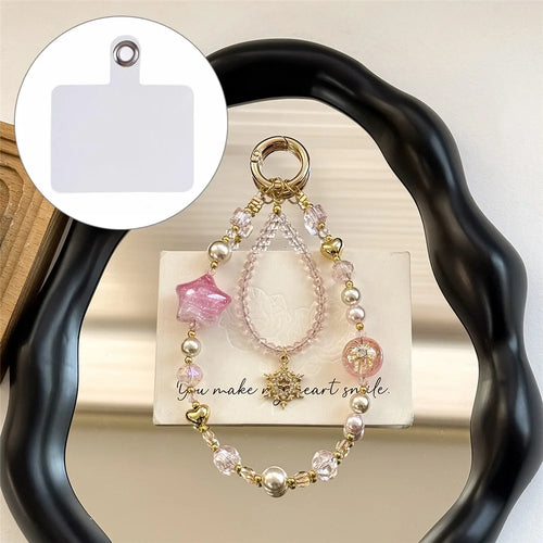 A1184 30cm Phone Strap Snowflake Star Charm Chain Crystal Metal Spring Hook Beaded Phone Lanyard with Removable Blank White Card - Pink - 1