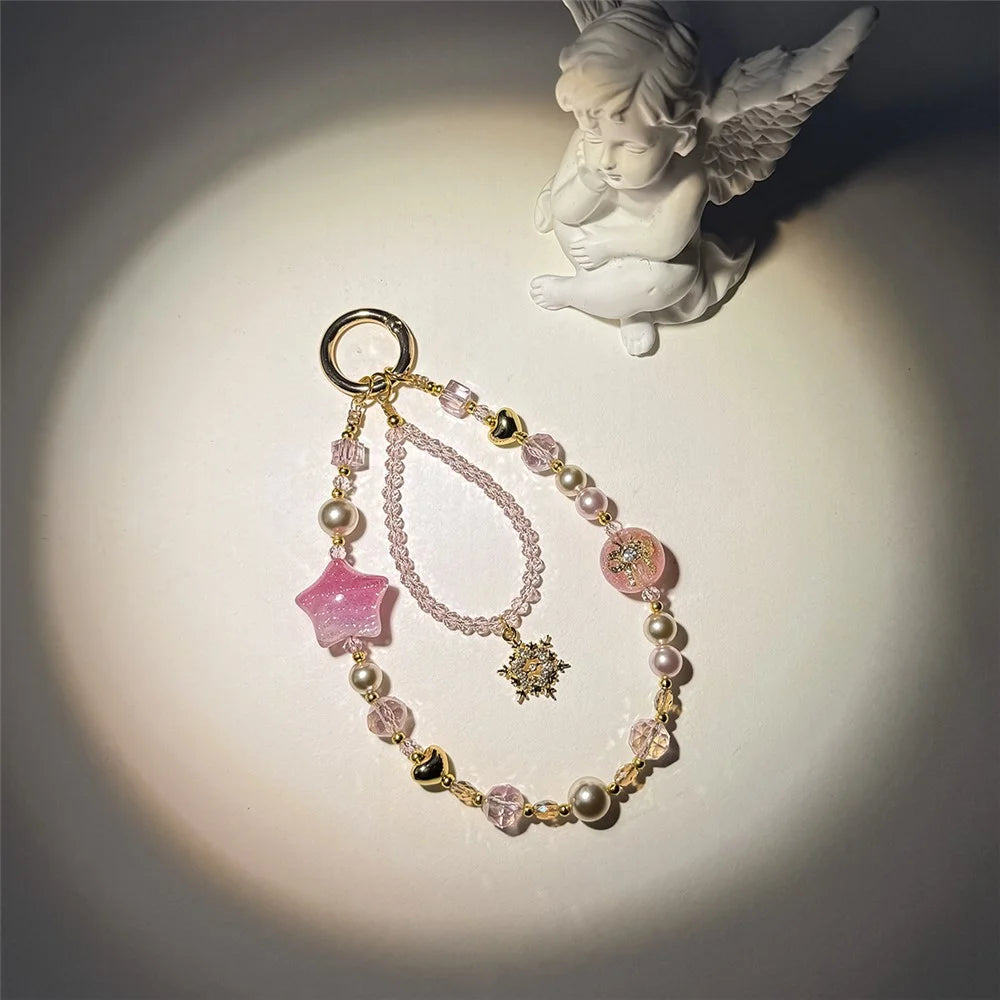 A1184 30cm Phone Strap Snowflake Star Charm Chain Crystal Metal Spring Hook Beaded Phone Lanyard with Removable Blank White Card - Pink - 2