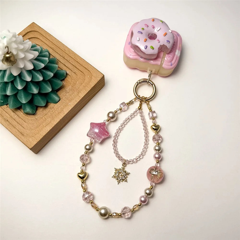 A1184 30cm Phone Strap Snowflake Star Charm Chain Crystal Metal Spring Hook Beaded Phone Lanyard with Removable Blank White Card - Pink - 3