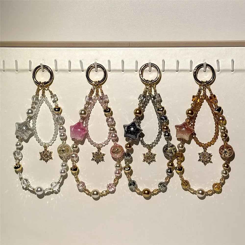 A1184 30cm Phone Strap Snowflake Star Charm Chain Crystal Metal Spring Hook Beaded Phone Lanyard with Removable Blank White Card - Pink - 4