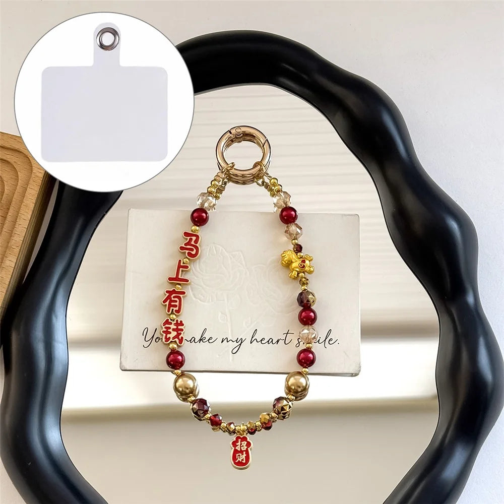 A1189 30cm Phone Lanyard Charm Chinese Lucky Characters Money Luck Beaded Keychain Phone Strap with Removable Blank White Card - Red - 1