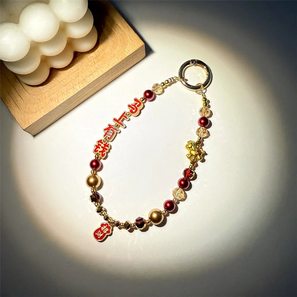A1189 30cm Phone Lanyard Charm Chinese Lucky Characters Money Luck Beaded Keychain Phone Strap with Removable Blank White Card - Red - 3