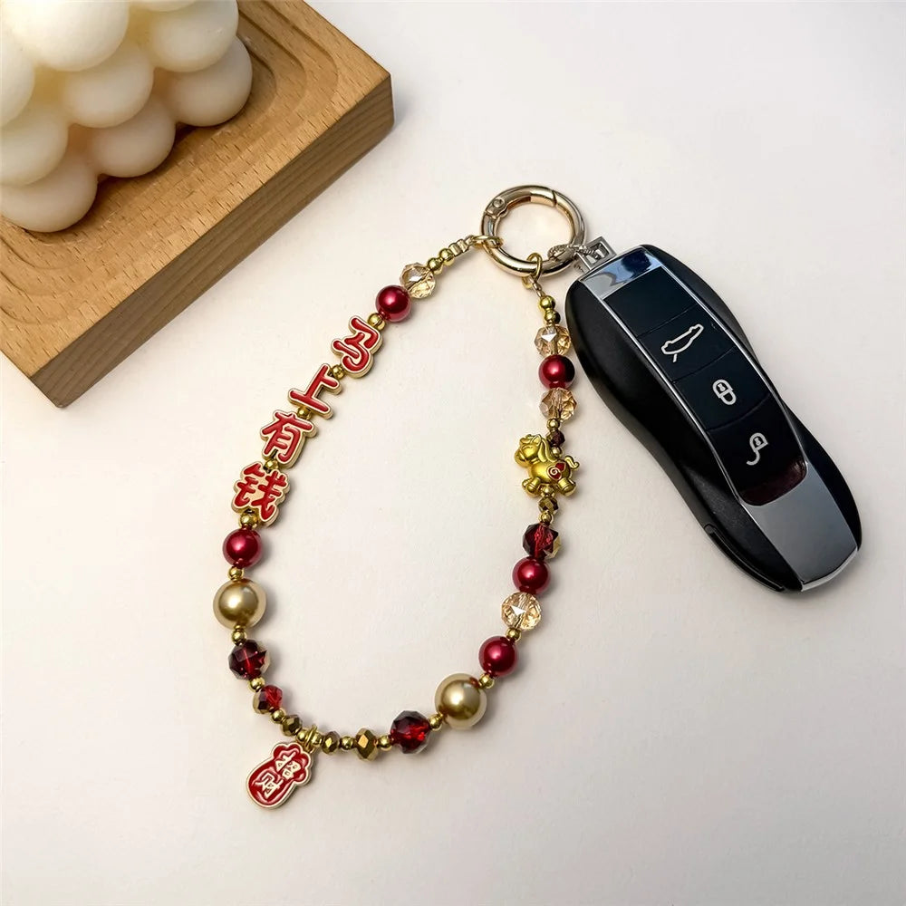 A1189 30cm Phone Lanyard Charm Chinese Lucky Characters Money Luck Beaded Keychain Phone Strap with Removable Blank White Card - Red - 4