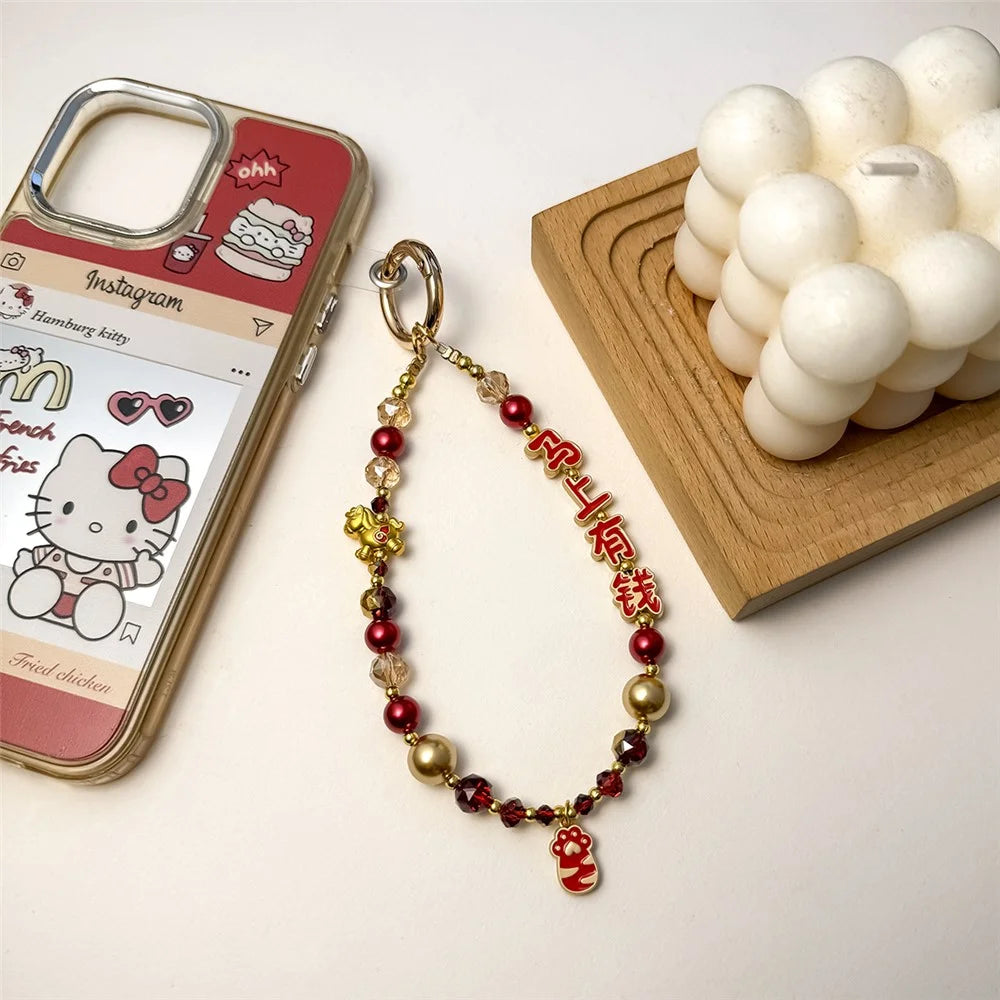 A1189 30cm Phone Lanyard Charm Chinese Lucky Characters Money Luck Beaded Keychain Phone Strap with Removable Blank White Card - Red - 5