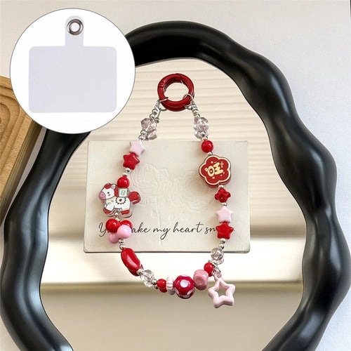 A1190 30cm Phone Lanyard Lucky Fortune Cartoon Horse Crystal Star Beaded Wrist Strap Charms with Removable Blank White Card - Pink - 1