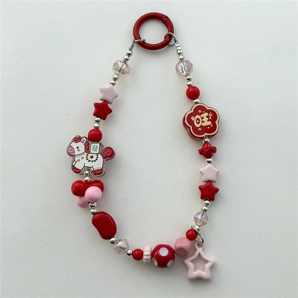 A1190 30cm Phone Lanyard Lucky Fortune Cartoon Horse Crystal Star Beaded Wrist Strap Charms with Removable Blank White Card - Pink - 2