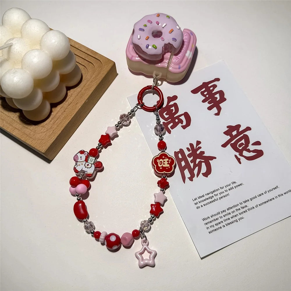 A1190 30cm Phone Lanyard Lucky Fortune Cartoon Horse Crystal Star Beaded Wrist Strap Charms with Removable Blank White Card - Pink - 3